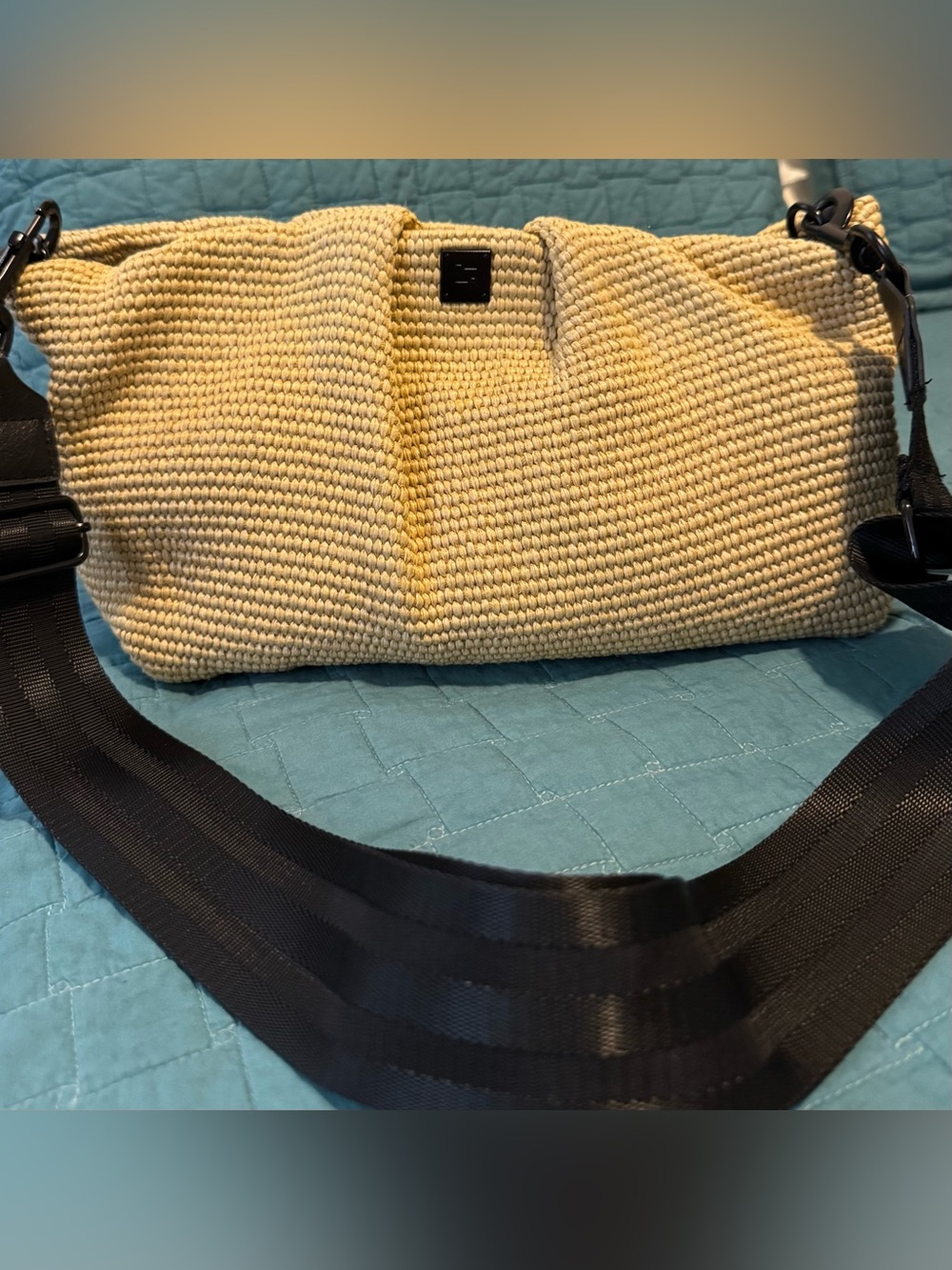 Think Royln Woven Raffia Tote Crossbody Bag Cream Black